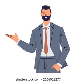 An elegant man in a suit points his hand to present something. Confident bearded businessman presents, demonstrates. Portrait of smiling isolated character on white background. Flat vector.