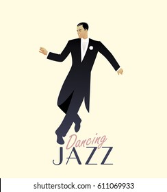 Elegant man wearing classic style clothing dancing jazz. Vector Illustration