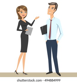 Elegant man and woman (business persons, businessman and businesswoman) talking. Vector illustration, isolated on white.