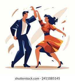 Elegant man and woman dance swing or rock-n-roll. Couple in retro clothing performing energetic dance moves. Dynamic dance and retro party concept vector illustration.