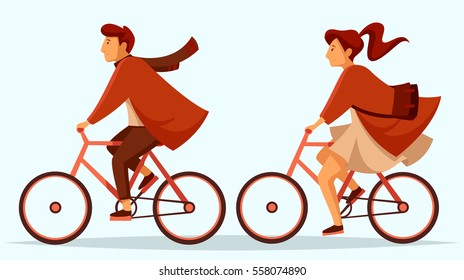 Elegant man and woman riding bicycles. Man dressed in a coat, pants and scarf, a girl dressed in a coat and dress. She has a bag. Way to work. Ecology. Healthy lifestyle. Vector. Cartoon. Character