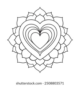 Elegant Mandala with Central Heart and Symmetrical Patterns for Easy Coloring Book for Adults, Kids and Teens