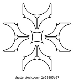 Elegant mandala design featuring curved floral petals and central abstract shapes in a clean, minimal, stroke-only symmetrical vector form.