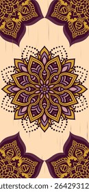 Elegante design mandala em lona de ameixa de açafrão seco. Perfeito para estampas têxteis, arte de parede, acessórios de ioga ou produtos com temas espirituais com toque ornamental rico.