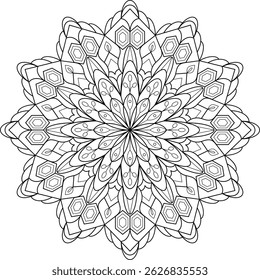 Elegant mandala with intricate floral and geometric patterns, perfect for coloring books and decorative designs