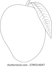 Elegant mango outline illustration featuring a clean line art style with a detailed leaf. Perfect for fruit-themed designs, food packaging, healthy lifestyle projects, educational materials, logos, icons, and vector collections.
