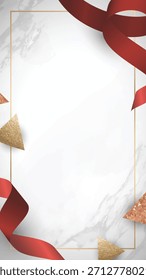 Eleganter Marmorhintergrund mit einer weiß-grauen Textur. Rote Bänder und goldene Akzente verleihen dem Hintergrund eine festliche Note. Weihnachten Hintergrund Vektor.