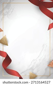 Elegant marble background with a white and gray texture. Accented by red ribbons and gold triangles, creating a sophisticated background. Christmas background vector.