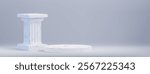 Elegant marble column with vertical fluted texture stands beside circular podium on neutral white background. Classical Greek architectural pedestal for product display or decorative presentation.