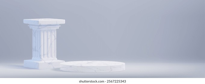 Elegante columna de mármol con textura acanalada de Vertical se encuentra junto al podio circular sobre fondo blanco neutro. Clásica pedestal arquitectónico griego para exhibición de productos o presentación decorativa.