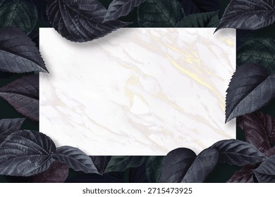 Elegante marco de mármol rodeado de hojas oscuras. La textura de mármol, las hojas y el marco crean un diseño sofisticado. Perfecto para invitaciones o anuncios. Vector de marco de ilustración.