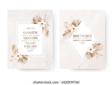 Elegant marble invitation design cards with dry gold tropical palm leaves and hibiscus flowers.