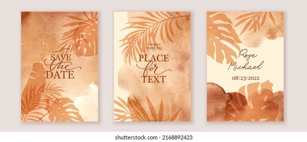 Elegant marble, stone  texture. Palm, exotic leaves. Watercolor, ink vector background collection with white,  grey,  beige, yellow, brown for cover, invitation template, wedding card, menu design. 