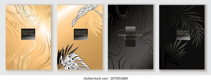 Elegant marble, stone texture set. Grunge vector background collection with grey, beige, black, golden colors for cover, invitation template, wedding card, menu design. Tropical leaves, foliage, palm