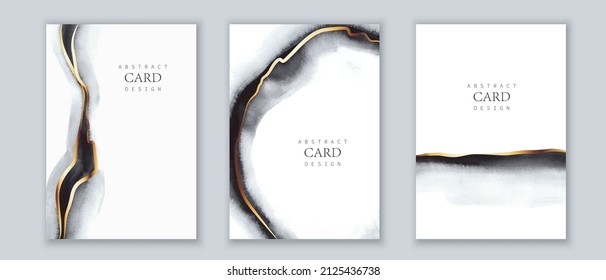 Elegant marble, stone textures set. Watercolor, ink vector backgrounds with white, black, grey, golden colors for cover, invitation, wedding card, menu, corporate business design. 