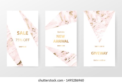 Elegant marble story templates with gold foil texture and geometric shapes.