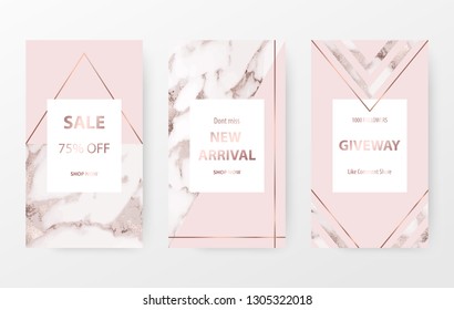 Elegant Marble Story Templates With Rose Gold Foil Texture And Geometric Elements.