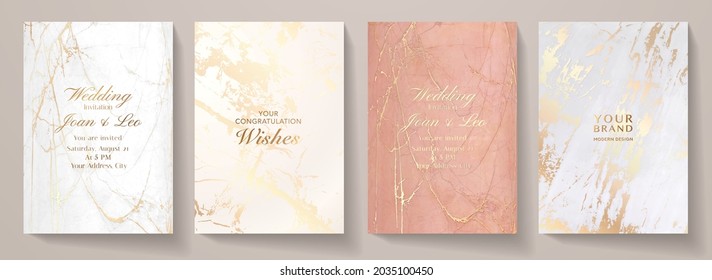 Elegant Marble Texture Set. Luxury Vector Background Collection With White, Pink, Gold Pattern For Cover, Invitation Template, Wedding Card, Menu Design, Note Book Design