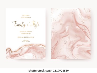 Elegant marble wedding invitation card design with gold wave and glitter dust texture.