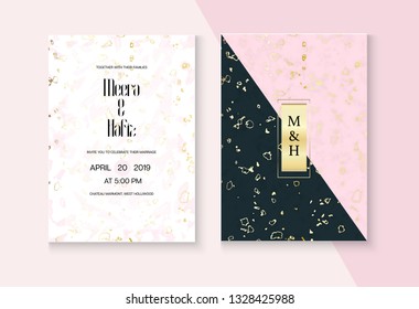 Elegant Marble Wedding Invitation Vector Set. Marbling Texture, Pink, Grey, White Invitation Card. Noble Soft Faded Nice RSVP, Thank You Card, Simple Design or Poster. Abstract Marble Wedding Kit