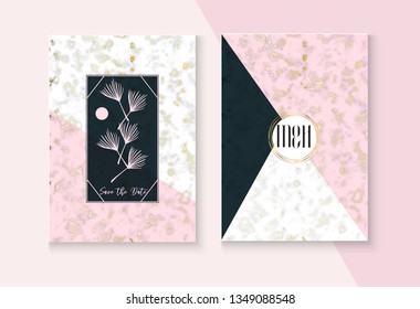 Elegant Marble Wedding Invitation Vector Set. Marbling Texture, Pink, Grey, White Invitation Card. Noble Soft Faded Nice RSVP, Thank You Card, Modern Border or Poster. Rich VIP Marble Wedding Kit