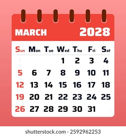 Elegant March 2028 calendar with a contemporary layout. Great for planning appointments, organizing deadlines, and keeping track of monthly tasks