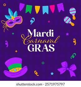 Elegant Mardi Gras greeting card design with vibrant colors, masks, hats, and festive decorations