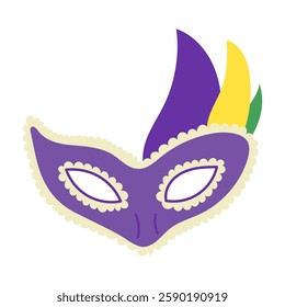 Elegant Mardi Gras mask in purple, yellow, and green with decorative lace and feathers in a festive carnival style