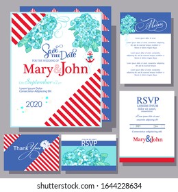 Elegant marine template invitation Wedding card with small flowers, elegant design elements. RSVP card, menu design, thank you card.