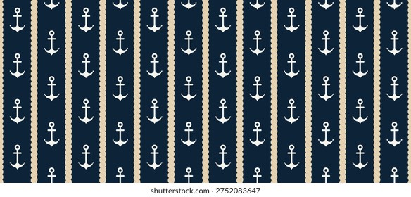 Elegant marine vector seamless pattern featuring rows of white anchors separated by vertical beige rope lines. Classic navy blue nautical background for textile, fabric, wallpaper, wrapping paper, and summer sea-themed designs.