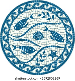 Elegant marine-themed mosaic featuring fish, seashells, and ocean waves in a dark blue color. Ideal for interior decor, ceramic tile designs, branding, and textile patterns.