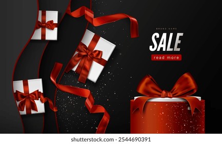 Elegant marketing banner with white gift boxes with crimson ribbons on black backdrop. Floating presents surround cylinder display podium with promotional sale text for premium holiday promotions.
