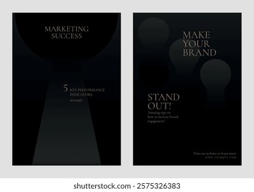 Elegant marketing posters with dark backgrounds. Key phrases: marketing success, brand engagement. Stylish design for business promotion. Marketing focus. Black business vector template set.