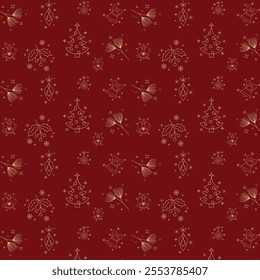 Elegant maroon and gold monoline Christmas wrapping paper featuring festive icons like trees, ornaments, holly, and stars, perfect for luxury gift packaging and holiday decor