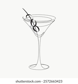 Elegant martini glass sketch with olives. Minimalist line art of a cocktail glass. Simple, stylish design featuring olives and a martini glass. Simple black line art doodle vector.