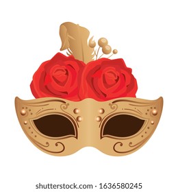 elegant mask with feather and roses flowers vector illustration design