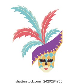 Elegant masquerade mask with hat and feathers. Brightly colored carnival accessory. Flat vector illustration isolated on white background.