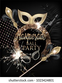 Elegant Masquerade Party Invitation Card With Masquerade Deco Objects And Sparklers. Gold And Black. Vector Illustration