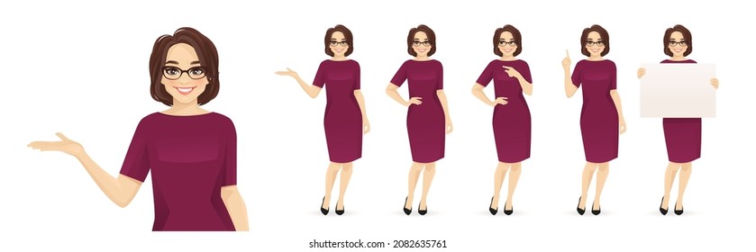 Elegant mature business woman in different poses set. Various gestures pointing, showing, standing, holding empty blank board isolated vector illustration