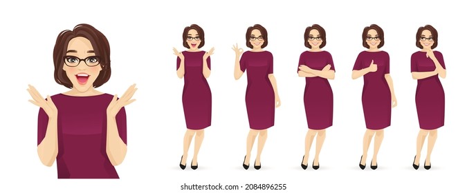 Elegante mujer madura de negocios en diferentes poses. Varios gestos sorprendidos, pensando, parados con las manos cruzadas, mostrando el pulgar hacia arriba y el signo correcto ilustraciones vectoriales aisladas