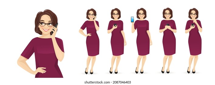 Elegant mature business woman with mobile phone talking, texting and showing empty sreen isolated vector illustration