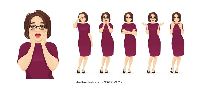 Elegant mature business woman showing negative emotions with different gestures set. Frightened, sad, angry, upset, refused isolated vector ilustration