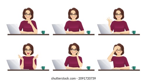 Elegant mature business woman using laptop computer sitting at the desk set isolated vector illustration