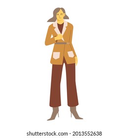 Elegant mature women wearing stylish casual office suit and standing one handed pose in her suit collar. Flat vector design character illustration on white background.