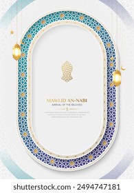 Elegantes Mawlid An-Nabi Feierplakat, Islamische Kunst mit Laternen und geometrischen Mustern