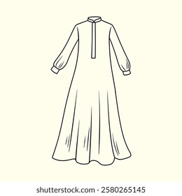 Elegant Maxi Dress Design with Long Sleeves. Thin line illustration.