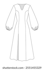 Elegant maxi dress with a V-neckline, long puffed sleeves, and a front slit illustrated as a minimalist technical sketch