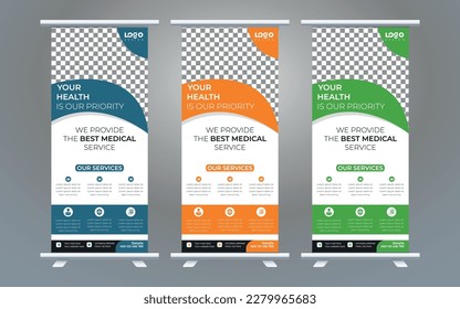 Elegant medical health care rollup banner template bundle. medical, 3d, advertising, background, banner, biochemistry, biology, blue, brochure, business promotion signage standee