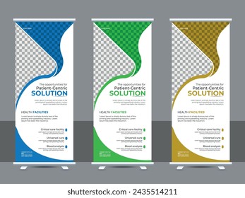 Elegant medical health care rollup banner template bundle. medical, 3d, advertising, background, banner, biochemistry, biology, blue, brochure, business promotion signage, standee vector layout