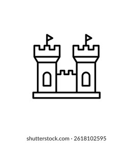 Elegant Medieval Castle Outline Icon, Fortified Towers and Flags, Line Art